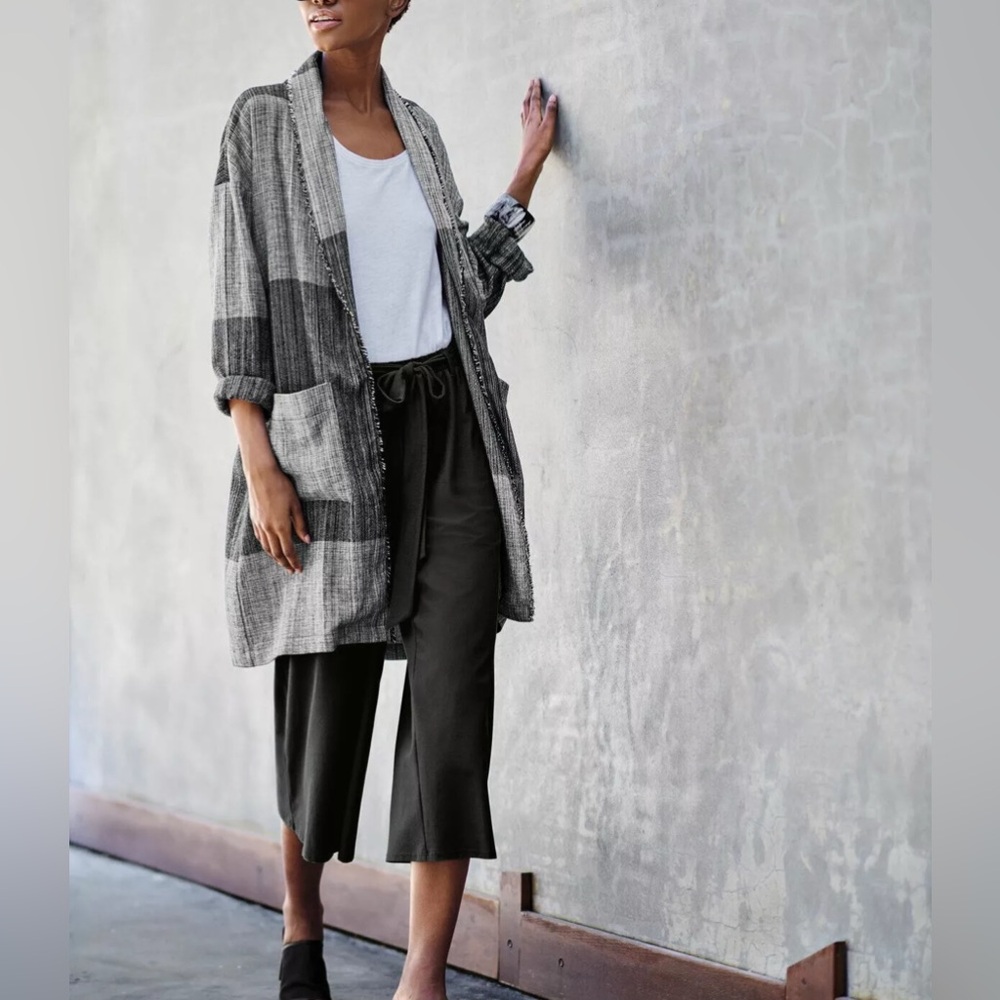 Eileen Fisher -women’s organic cotton grey/black Shawl  collar jacket size L /XL